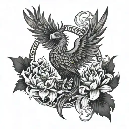 Create a Phoenix rising from the ashes, incorporating elements of the Oeil d'horus and Fleur de lotus tattoo design idea