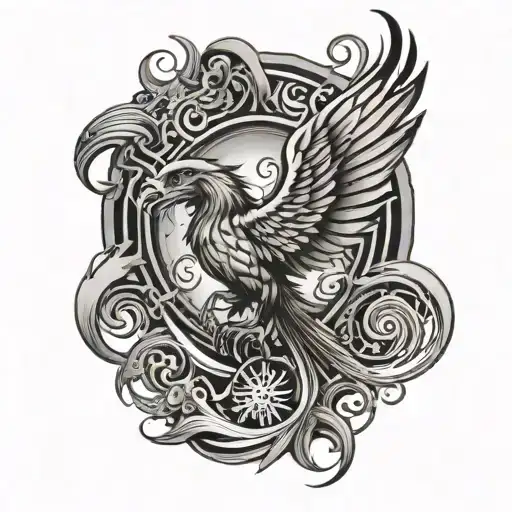 A phoenix rising from the ashes, surrounded by Oeil d'horus symbols tattoo design idea