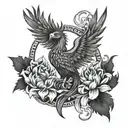 Create a Phoenix rising from the ashes, incorporating elements of the Oeil d'horus and Fleur de lotus tattoo design idea