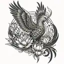 Create a Phoenix rising from the ashes, incorporating elements of the Oeil d'horus and Fleur de lotus tattoo design idea