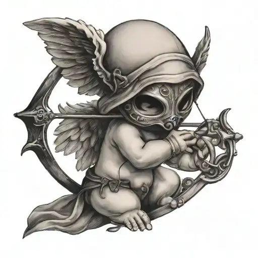Baby cupid wearing a black plague mask holding a bow and arrow  tattoo design idea