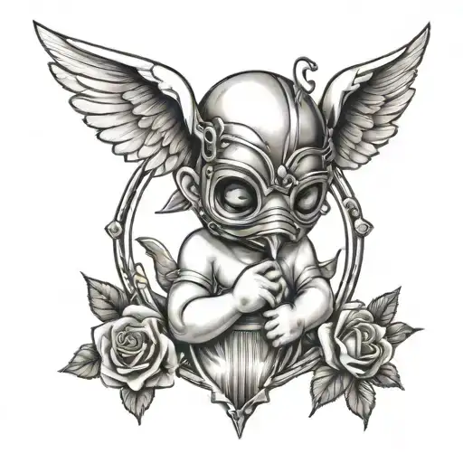 Baby cupid wearing a plague mask tattoo design idea