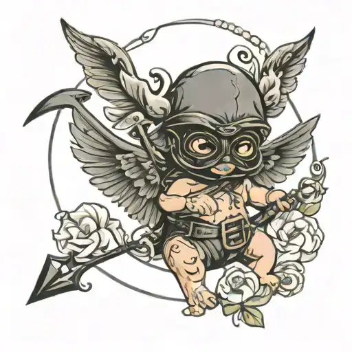 Baby cupid wearing a black plague mask holding a bow and arrow  tattoo design idea