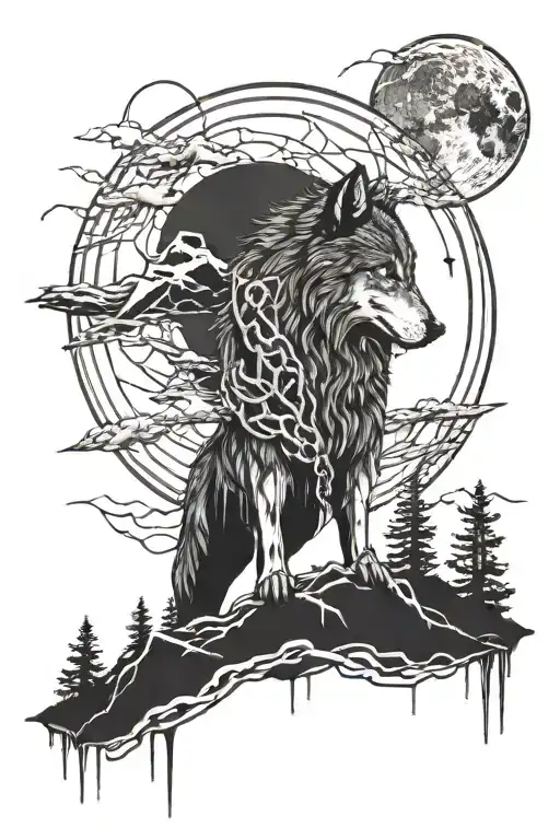 with a lone wolf standing in front of mountains, surrounded by chains connected to a human brain, moon in the background tattoo design idea