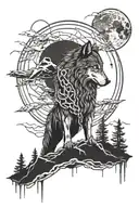 with a lone wolf standing in front of mountains, surrounded by chains connected to a human brain, moon in the background tattoo design idea