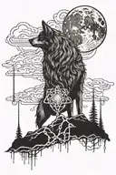 with a lone wolf standing in front of mountains, surrounded by chains connected to a human brain, moon in the background tattoo design idea