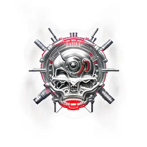 biomechanical tattoo of the terminator machines with red glowing eyes  holding weapons and stepping on human skills  tattoo design idea