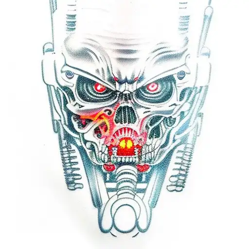 biomechanical tattoo of the terminator machines with red glowing eyes  holding weapons and stepping on human skills  tattoo design idea
