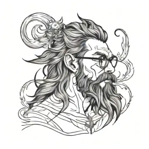 handsome demon long hair, glasses, beard  tattoo design idea