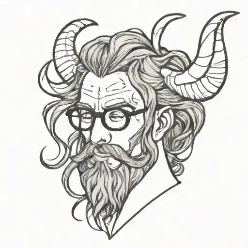 handsome demon long hair, glasses, short horns, beard  tattoo design idea