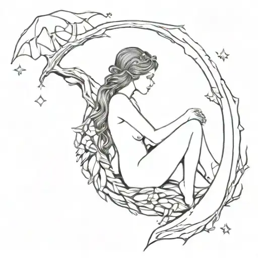 A minimalist tattoo of Lilith emerging from a bed of crystals and mushrooms, with a crescent moon shining above in a dark woods setting tattoo design idea