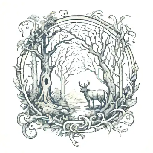 A tattoo design featuring a mystical forest scene with hidden animals and a subtle nod to Lucifer and Lilith tattoo design idea