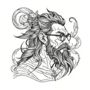 handsome demon long hair, glasses, beard  tattoo design idea