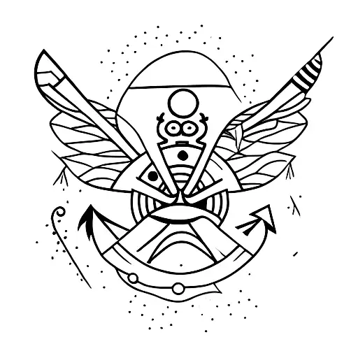 Sailboat with ace playing card and anchor and  on ocean with fireworks shaped like ladybug, bee and butterfly tattoo design idea