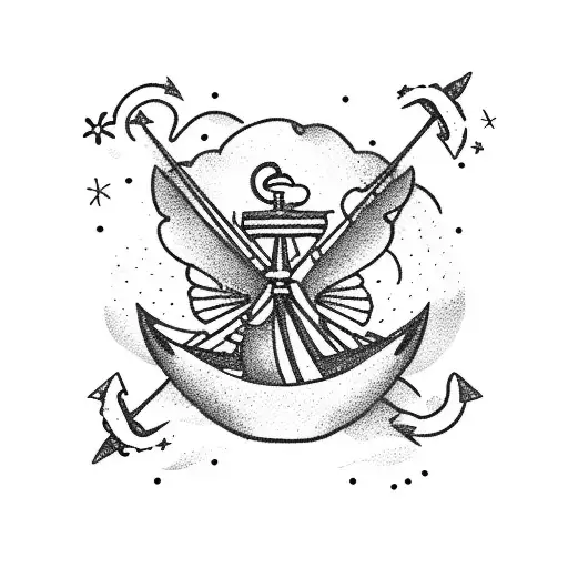 Small sailboat called ace playing card and anchor with butterfly's on ocean with fireworks in sky tattoo design idea