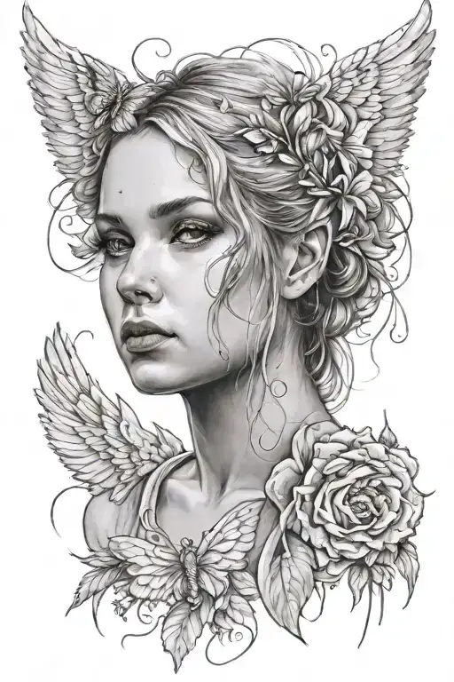 An angel with wings, a sweet and beautiful sad girl, with a tear on her cheek, the tattoo should seem to blend into the skin and look tattoo design idea