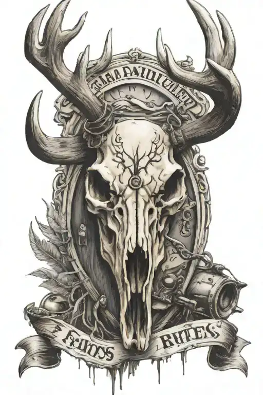 deer buck skull with banner hanging from the antlers. there is also art depicting fishing and dirtbikes tattoo design idea