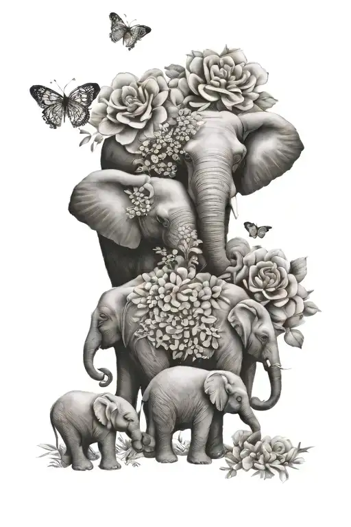 fouom elephantswalking forward. one mom and three baby elephants surrounded by flowers and butterflies  tattoo design idea