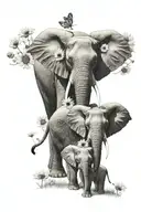 Mom elephant walking forward with Three baby elephants at her side surrounded by daisies, sunflowers, and butterflies  tattoo design idea