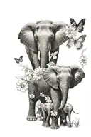 Mom elephant walking forward with Three baby elephants at her side surrounded by daisies, sunflowers, and butterflies  tattoo design idea