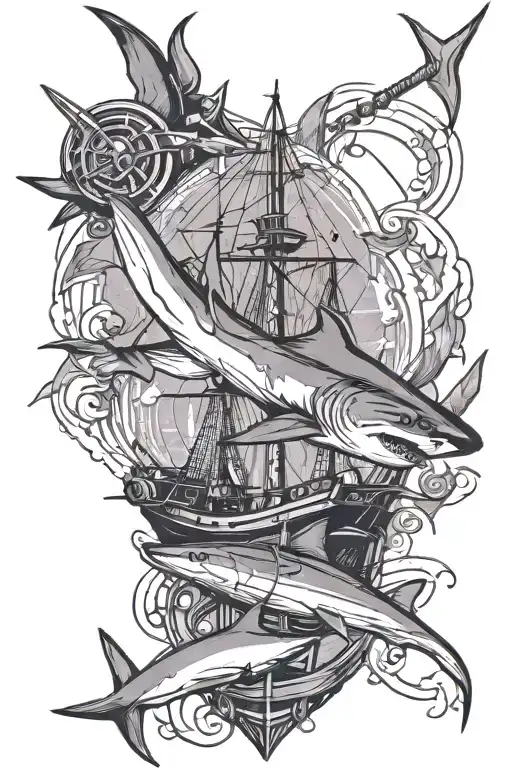 Shark with 3 mast ship and Navy style anchor connected tattoo design idea