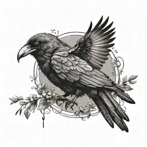 Black crow protecting with its wings the name Emma written in the lettering tattoo design idea