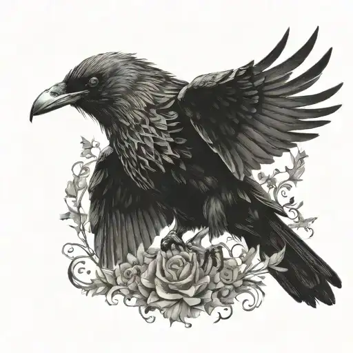 Black crow protecting with its wings the name Emma written attached above the wings tattoo design idea