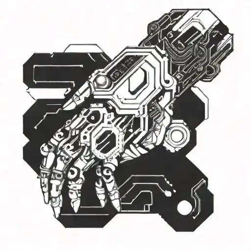 A futuristic cybernetic arm with circuit patterns and gaming symbols integrated into the design tattoo design idea