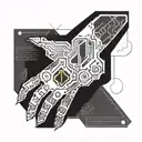 A futuristic cybernetic arm with circuit patterns and gaming symbols integrated into the design tattoo design idea