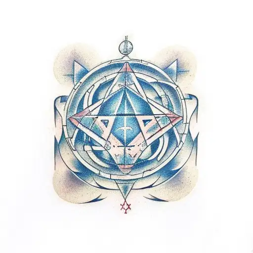 A combination of architectural blueprints and alchemical symbols tattoo design idea