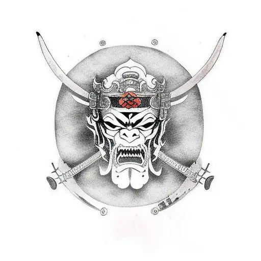 Samurai com espada e mascara de oni tattoo design idea