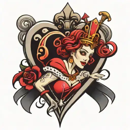 queen of hearts, red, crotch tatoo with heart tattoo design idea