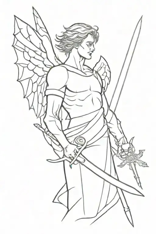 angel, warrior, sword with blade handle tattoo design idea