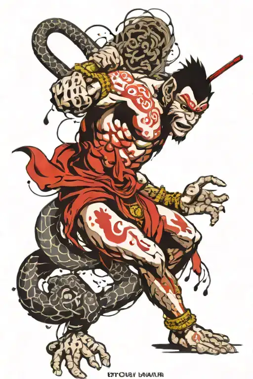 Thai Hanuman fight with Naga with lotus back ground on right arm tattoo design idea
