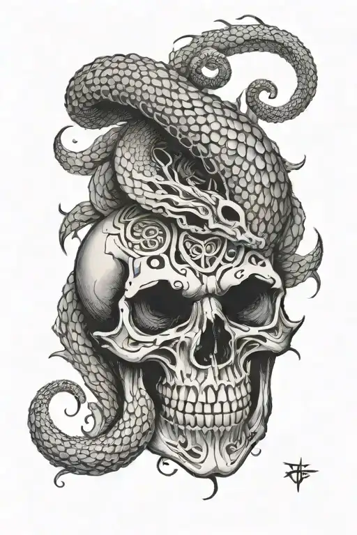 viper coiled through skull tattoo design idea