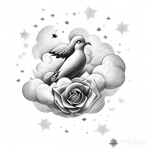 clouds with stars and two doves and a rose tattoo design idea