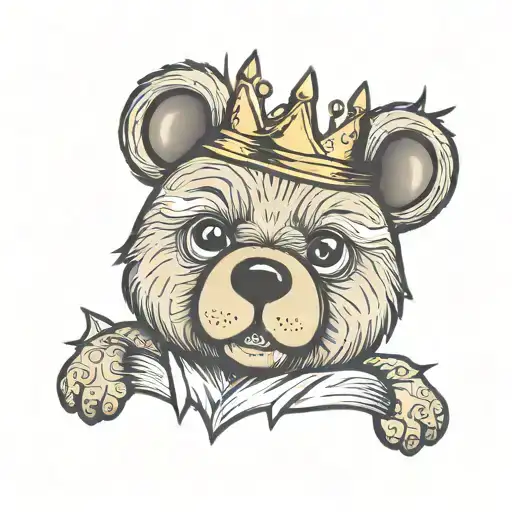 minimalist Teddy bear head with sleepy eyes and tongue with no teeth wearing a crown that says Baby Boy  tattoo design idea