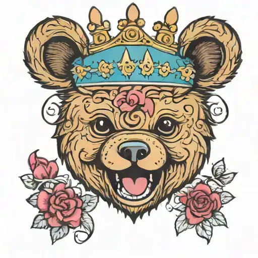 Teddy bear head with happy eyes and tongue wearing a crown that says Baby Boy  tattoo design idea