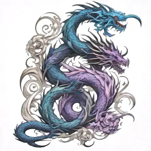 Color scheme: black, white, blue, purple   Placement: on shoulder, chest, and back   3d Design: composed of 2 dragons wi tattoo design idea