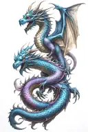 Color scheme: black, white, blue, purple   Placement: on shoulder, chest, and back   3d Design: composed of 2 dragons wi tattoo design idea