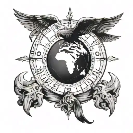 earth with compass, above a Christian cross, eagle, tattoo design idea