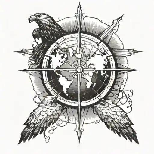 earth with compass, above a Christian cross, eagle, tattoo design idea