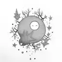 tree with stars a magpie, 06.08.2022. pacman. james. katie half sleeve tattoo design idea