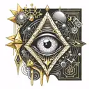 Gold silver and black melting and bleeding beating heart. All seeing eye, crystals and gemstones tattoo design idea
