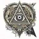 Gold silver and black melting and bleeding beating heart. All seeing eye, crystals and gemstones tattoo design idea