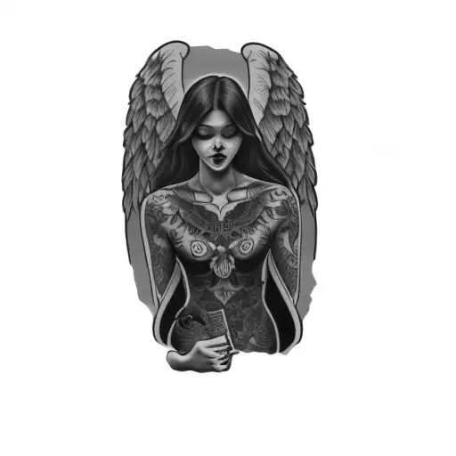 a woman holding a sign that says bad angel tattoo design idea