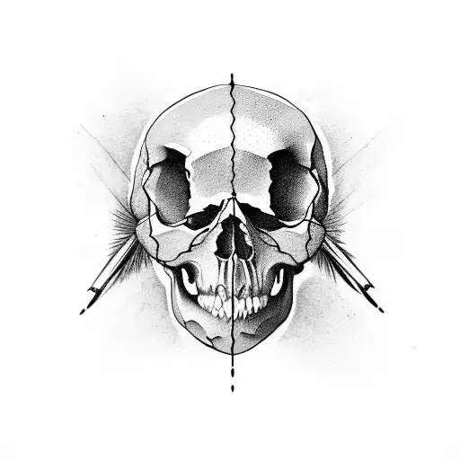 A minimalist tattoo of a skull with a quill pen and inkwell, representing the connection between death and language tattoo design idea