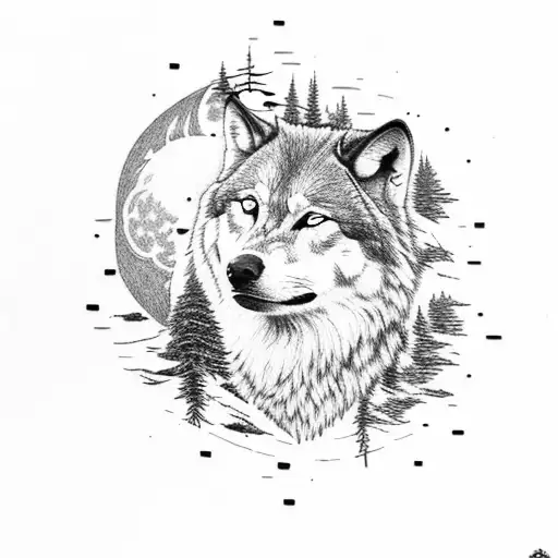 Nietzsche's head and a wolf in a forest with a moon tattoo design idea