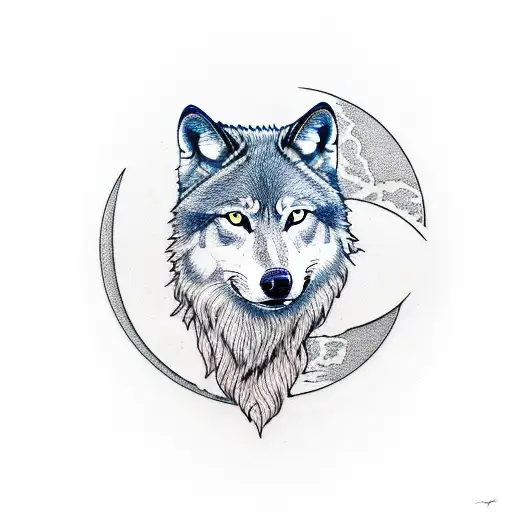 Nietzsche's head mix with a wolf and a forest with a moon tattoo design idea