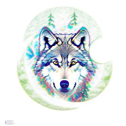 Nietzsche's head and a wolf in a forest with a moon tattoo design idea